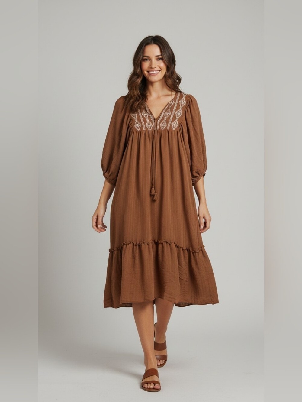 Aura Brown Embroidered V-Neck 3/4 Sleeve BOHO Lined Dress Misses Size XS
